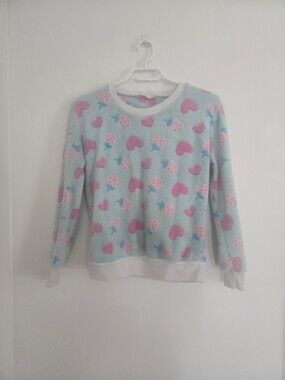 Fuzzy Blue Pink Heart Strawberry Print Long Sleeve Pullover Top